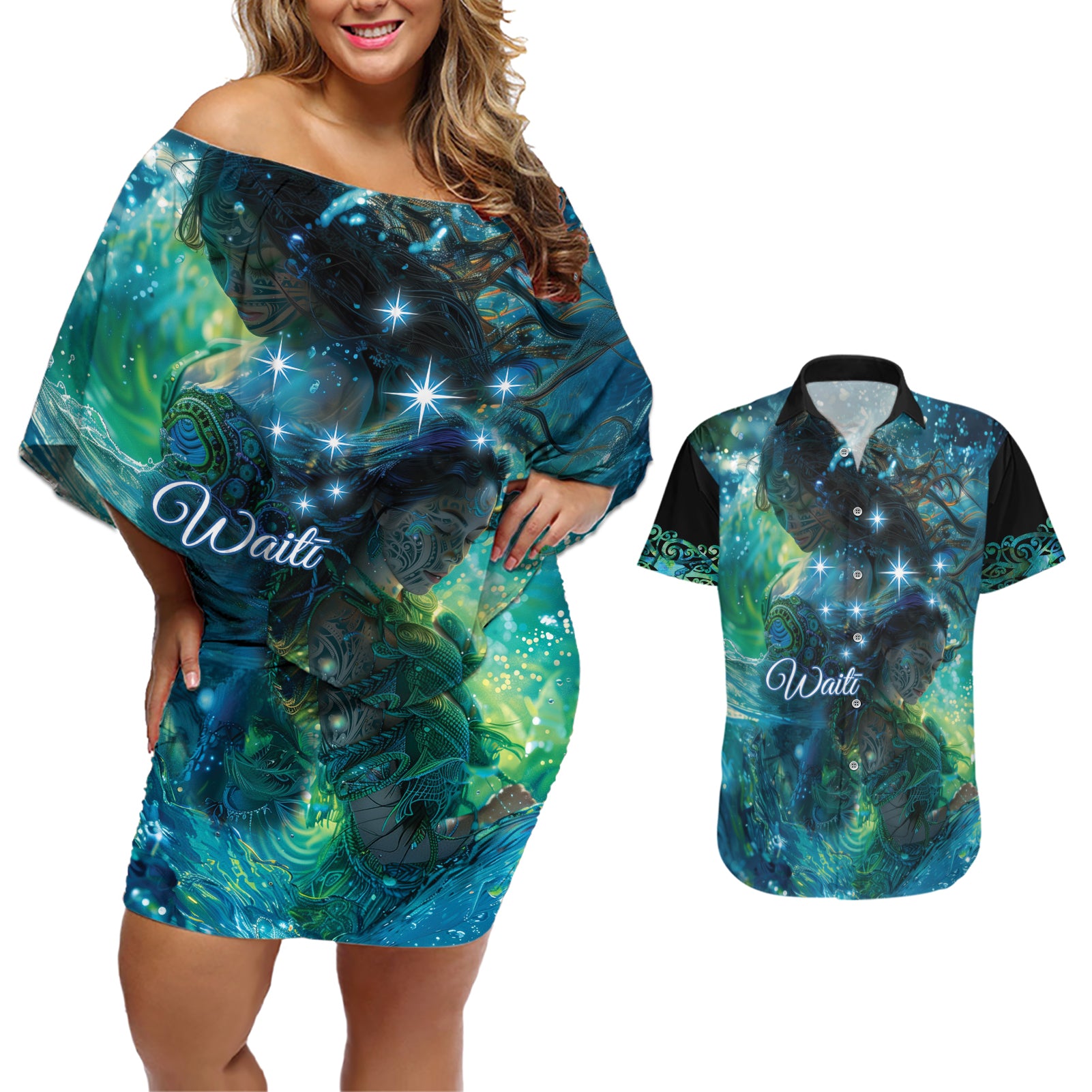 New Zealand Matariki Waiti Couples Matching Off Shoulder Short Dress and Hawaiian Shirt The Beginnings Of Life