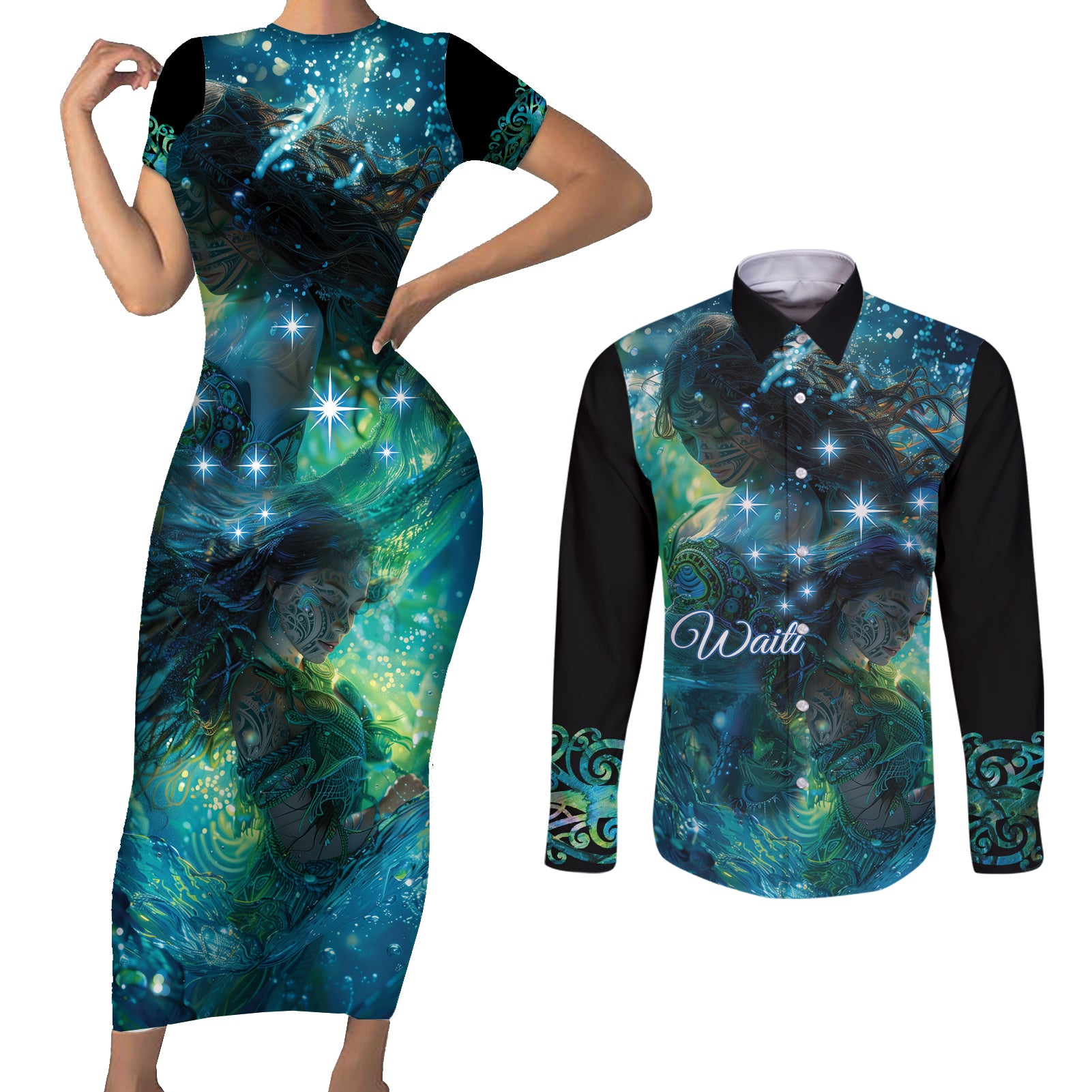 New Zealand Matariki Waiti Couples Matching Short Sleeve Bodycon Dress and Long Sleeve Button Shirt The Beginnings Of Life