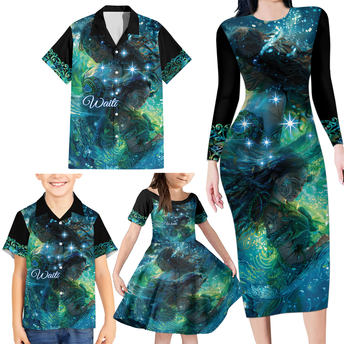 New Zealand Matariki Waiti Family Matching Long Sleeve Bodycon Dress and Hawaiian Shirt The Beginnings Of Life