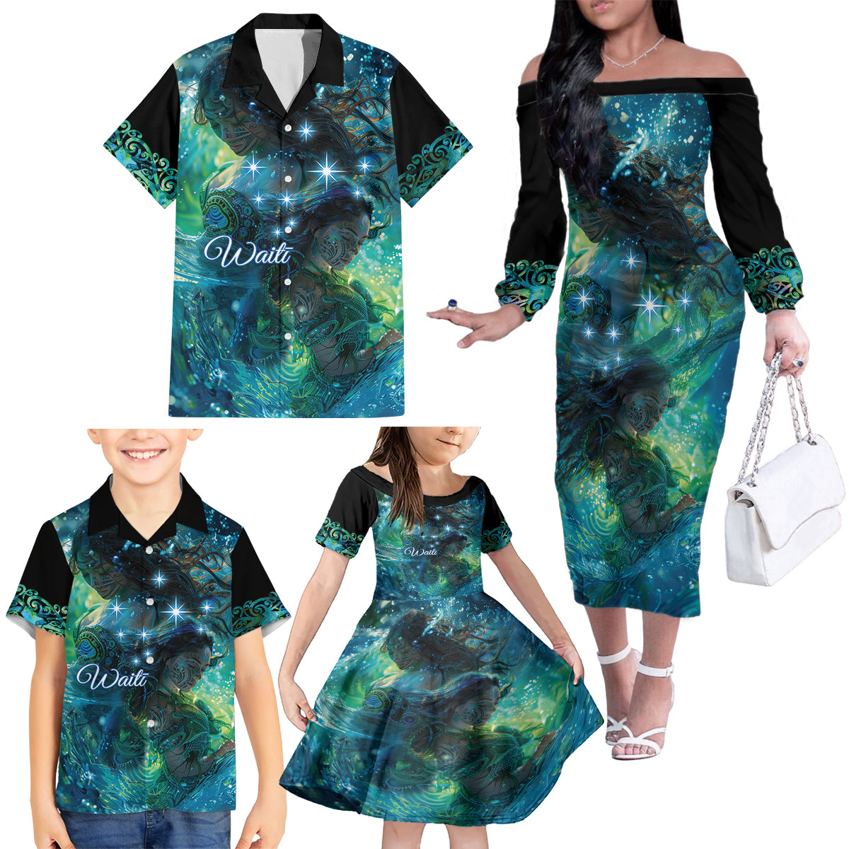 New Zealand Matariki Waiti Family Matching Off The Shoulder Long Sleeve Dress and Hawaiian Shirt The Beginnings Of Life