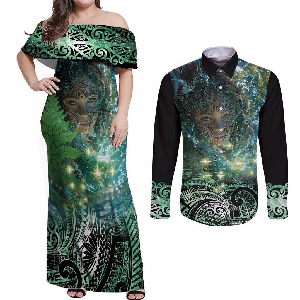 New Zealand Matariki Waiti Couples Matching Off Shoulder Maxi Dress and Long Sleeve Button Shirt Waimāori and The Origin Of Life