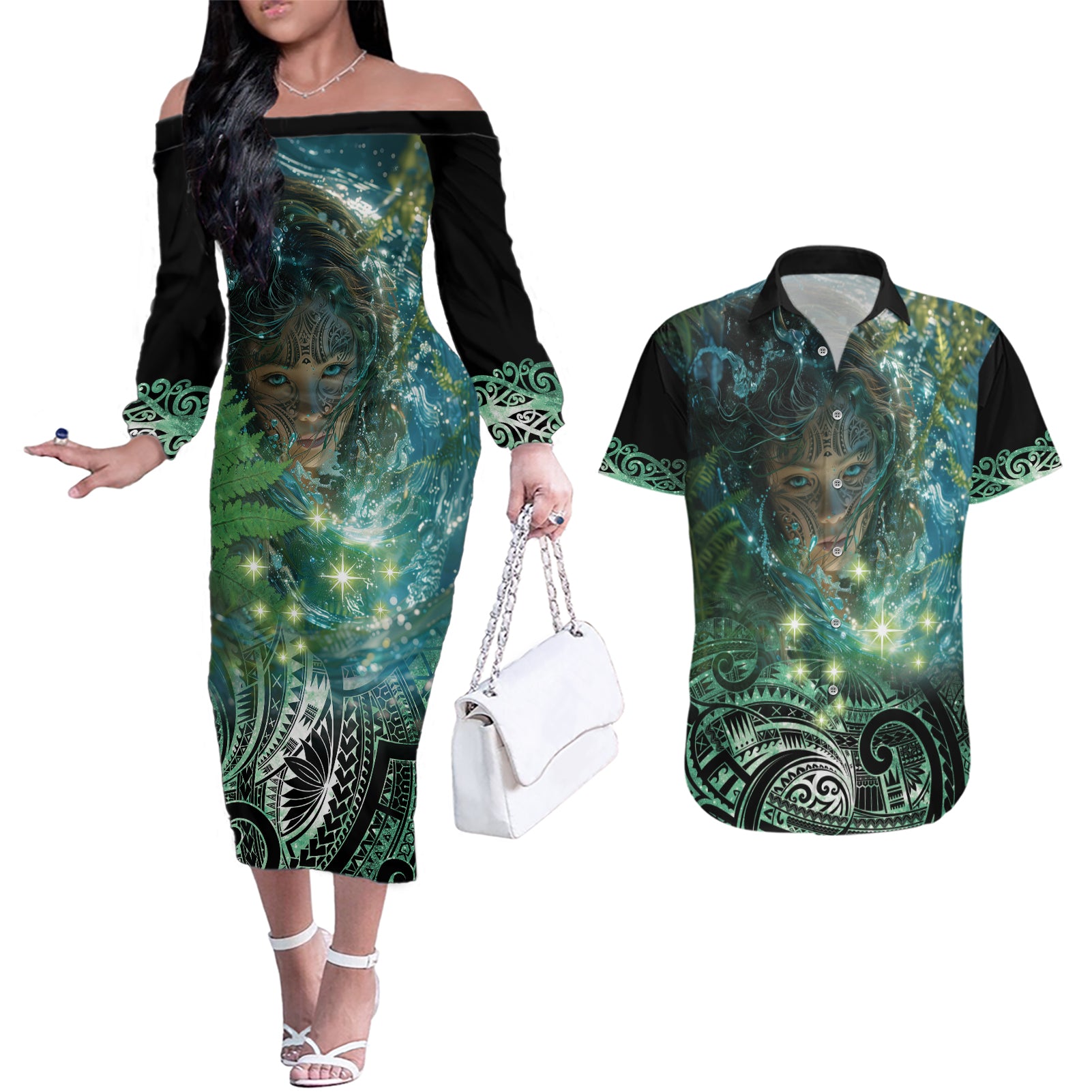 New Zealand Matariki Waiti Couples Matching Off The Shoulder Long Sleeve Dress and Hawaiian Shirt Waimāori and The Origin Of Life