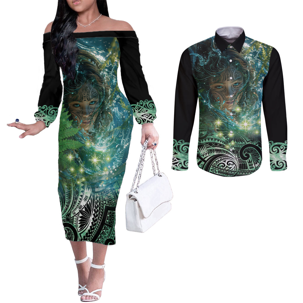 New Zealand Matariki Waiti Couples Matching Off The Shoulder Long Sleeve Dress and Long Sleeve Button Shirt Waimāori and The Origin Of Life