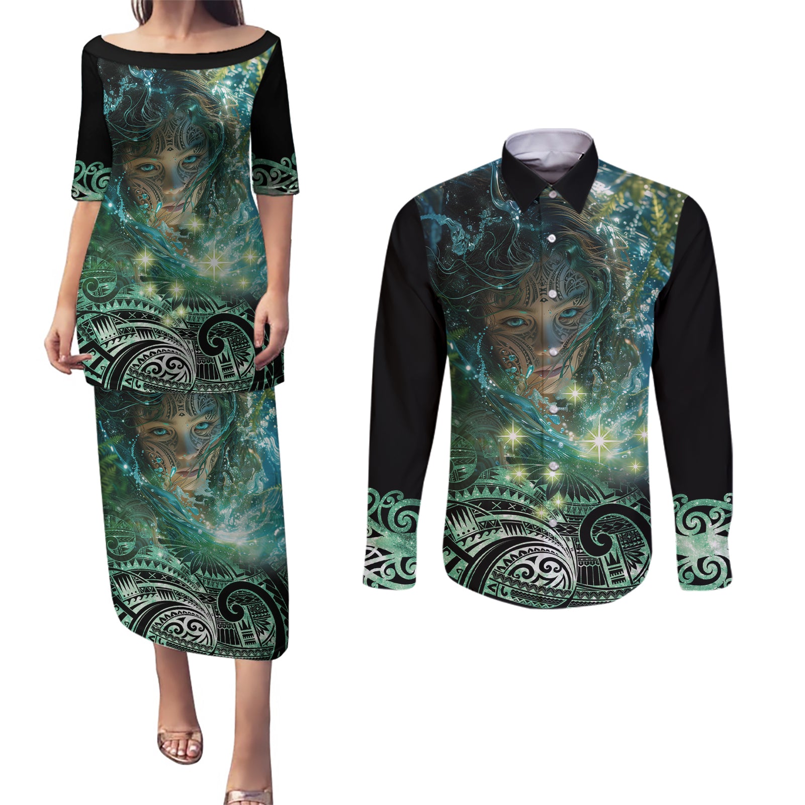 New Zealand Matariki Waiti Couples Matching Puletasi and Long Sleeve Button Shirt Waimāori and The Origin Of Life