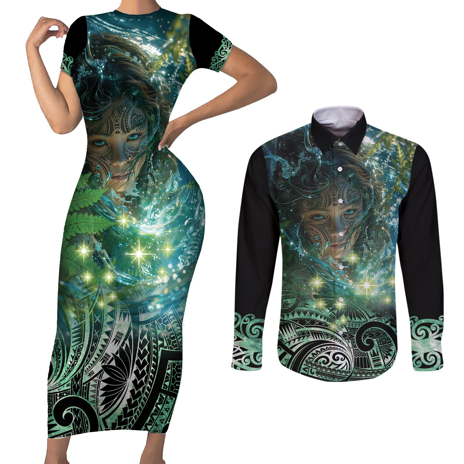 New Zealand Matariki Waiti Couples Matching Short Sleeve Bodycon Dress and Long Sleeve Button Shirt Waimāori and The Origin Of Life