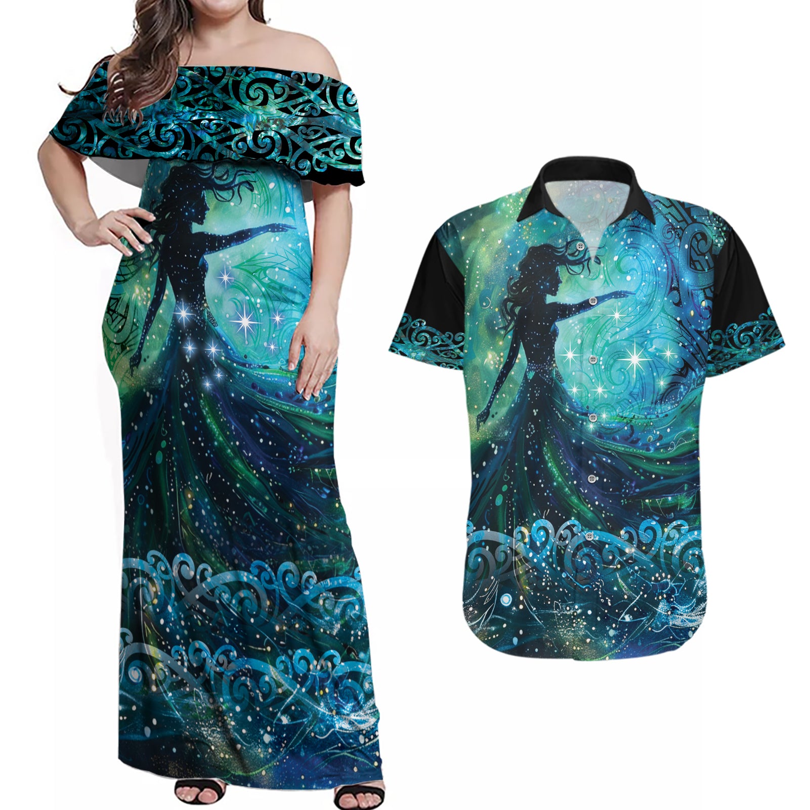 New Zealand Matariki Hiwa-i-te-rangi Couples Matching Off Shoulder Maxi Dress and Hawaiian Shirt Titiro ki nga Whetu Wishing Star