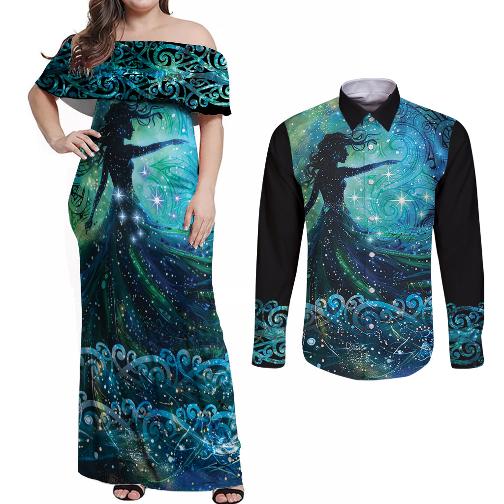 New Zealand Matariki Hiwa-i-te-rangi Couples Matching Off Shoulder Maxi Dress and Long Sleeve Button Shirt Titiro ki nga Whetu Wishing Star