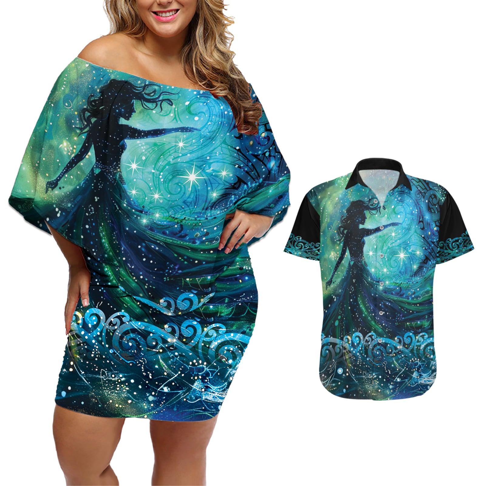 New Zealand Matariki Hiwa-i-te-rangi Couples Matching Off Shoulder Short Dress and Hawaiian Shirt Titiro ki nga Whetu Wishing Star