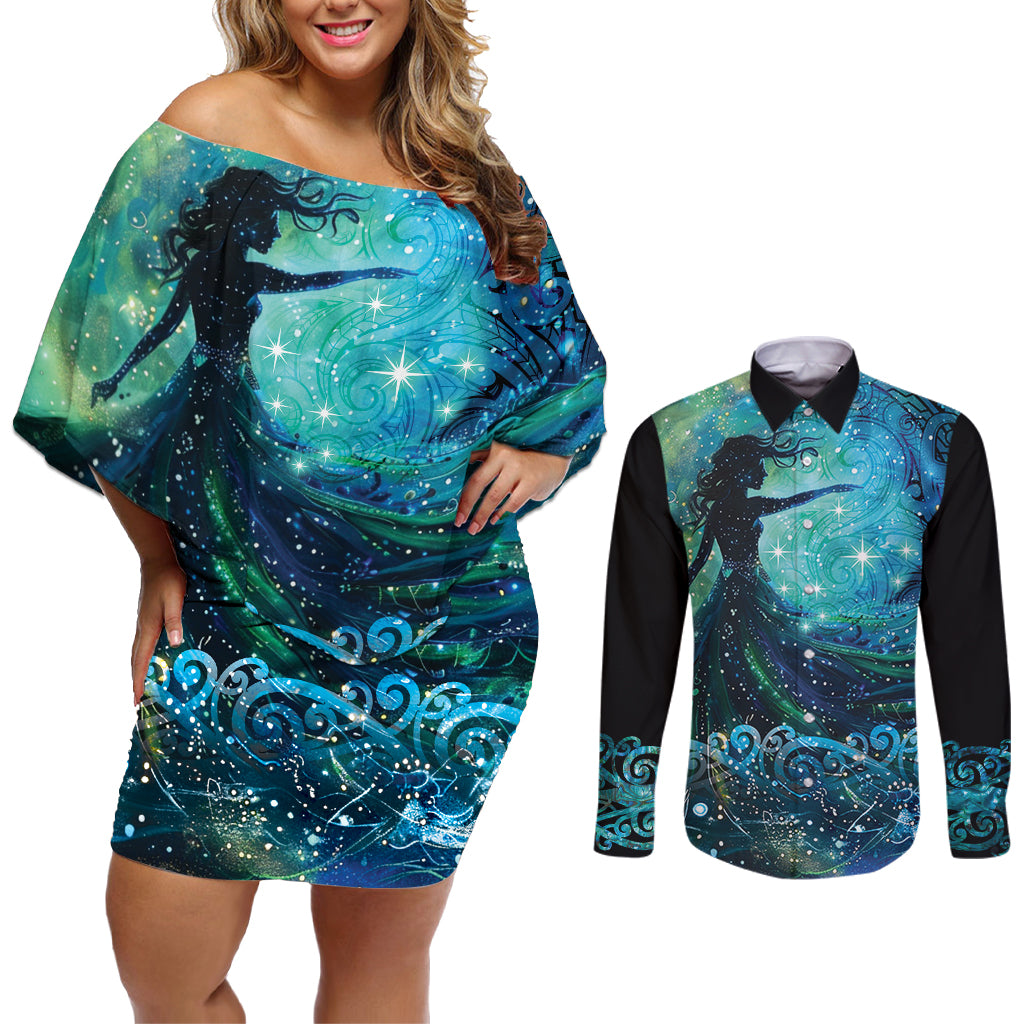 New Zealand Matariki Hiwa-i-te-rangi Couples Matching Off Shoulder Short Dress and Long Sleeve Button Shirt Titiro ki nga Whetu Wishing Star