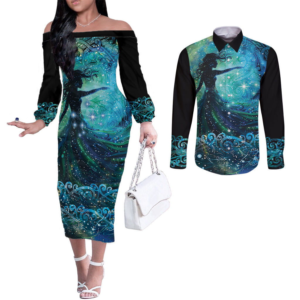 New Zealand Matariki Hiwa-i-te-rangi Couples Matching Off The Shoulder Long Sleeve Dress and Long Sleeve Button Shirt Titiro ki nga Whetu Wishing Star