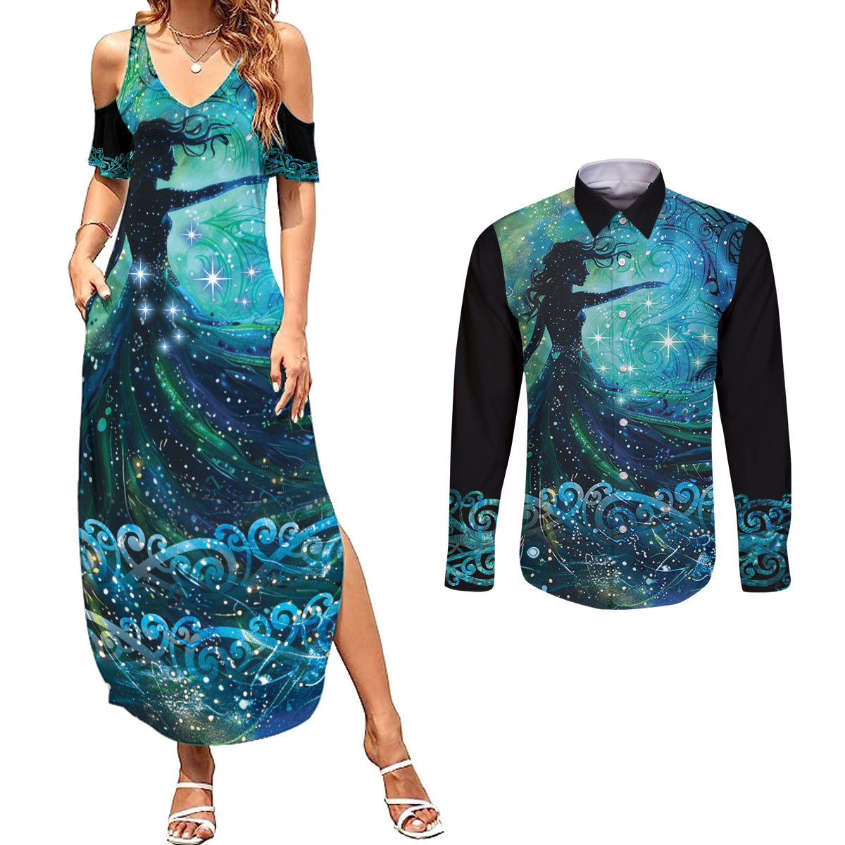 New Zealand Matariki Hiwa-i-te-rangi Couples Matching Summer Maxi Dress and Long Sleeve Button Shirt Titiro ki nga Whetu Wishing Star