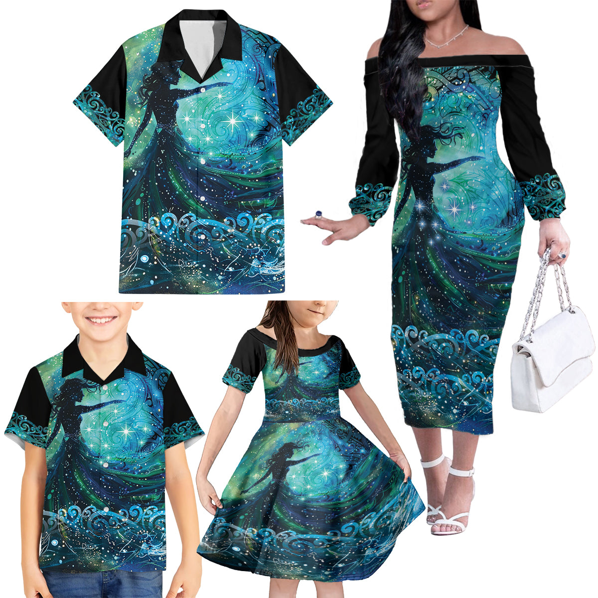 New Zealand Matariki Hiwa-i-te-rangi Family Matching Off The Shoulder Long Sleeve Dress and Hawaiian Shirt Titiro ki nga Whetu Wishing Star