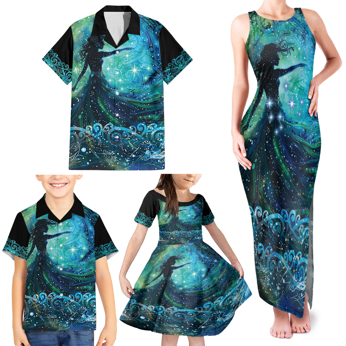 New Zealand Matariki Hiwa-i-te-rangi Family Matching Tank Maxi Dress and Hawaiian Shirt Titiro ki nga Whetu Wishing Star