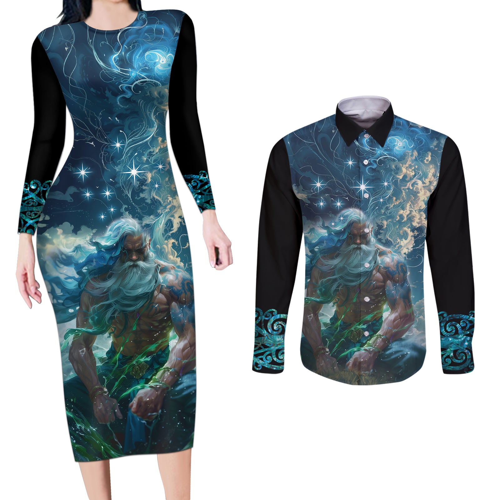 New Zealand Matariki Ururangi Couples Matching Long Sleeve Bodycon Dress and Long Sleeve Button Shirt The Murmur Of The Wind