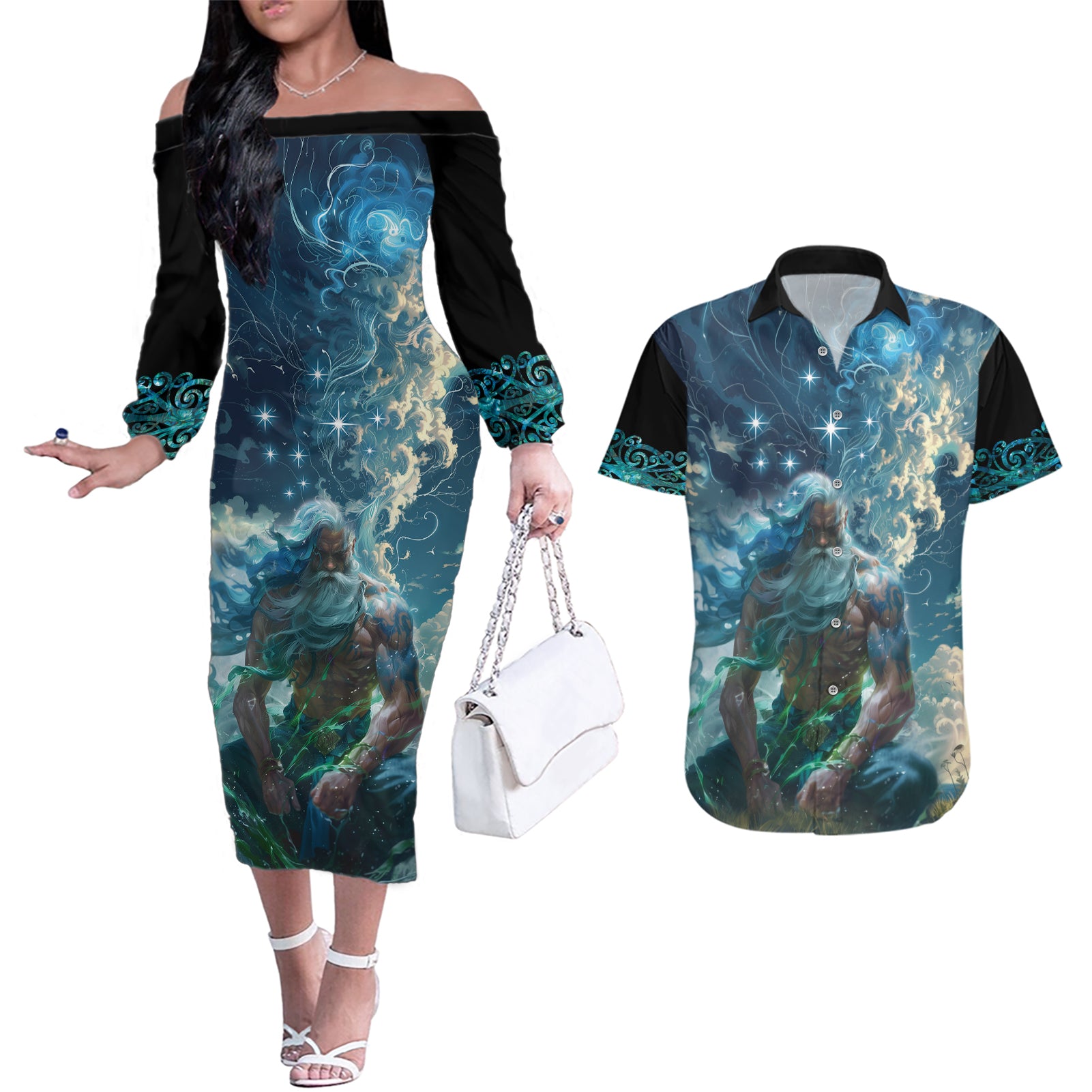 New Zealand Matariki Ururangi Couples Matching Off The Shoulder Long Sleeve Dress and Hawaiian Shirt The Murmur Of The Wind