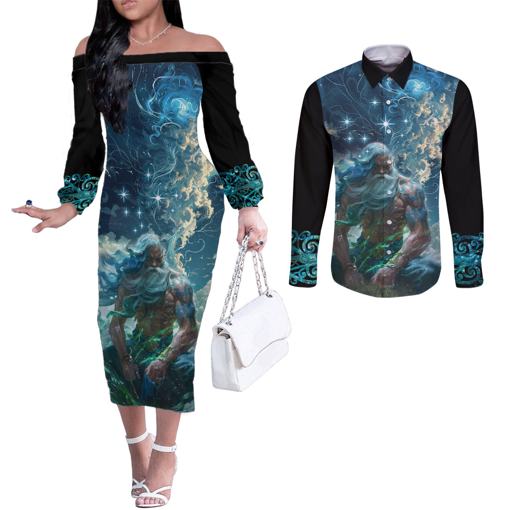 New Zealand Matariki Ururangi Couples Matching Off The Shoulder Long Sleeve Dress and Long Sleeve Button Shirt The Murmur Of The Wind