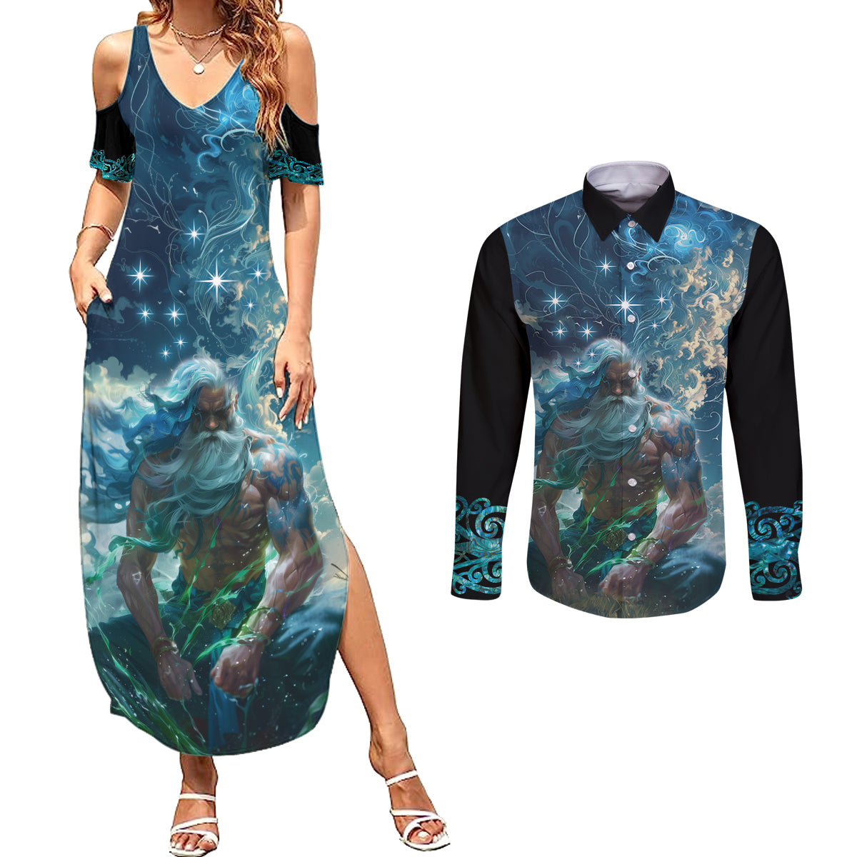 New Zealand Matariki Ururangi Couples Matching Summer Maxi Dress and Long Sleeve Button Shirt The Murmur Of The Wind