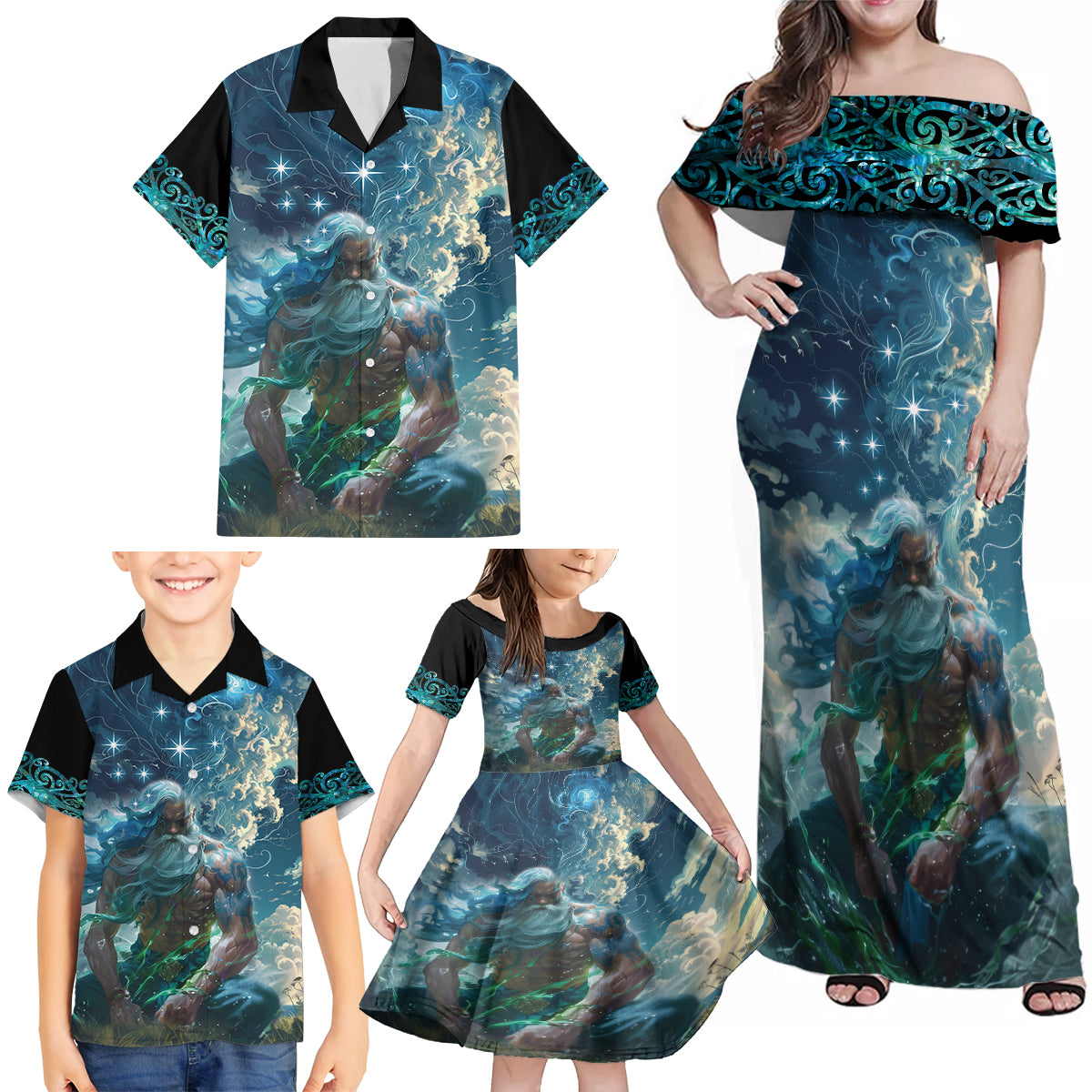 New Zealand Matariki Ururangi Family Matching Off Shoulder Maxi Dress and Hawaiian Shirt The Murmur Of The Wind