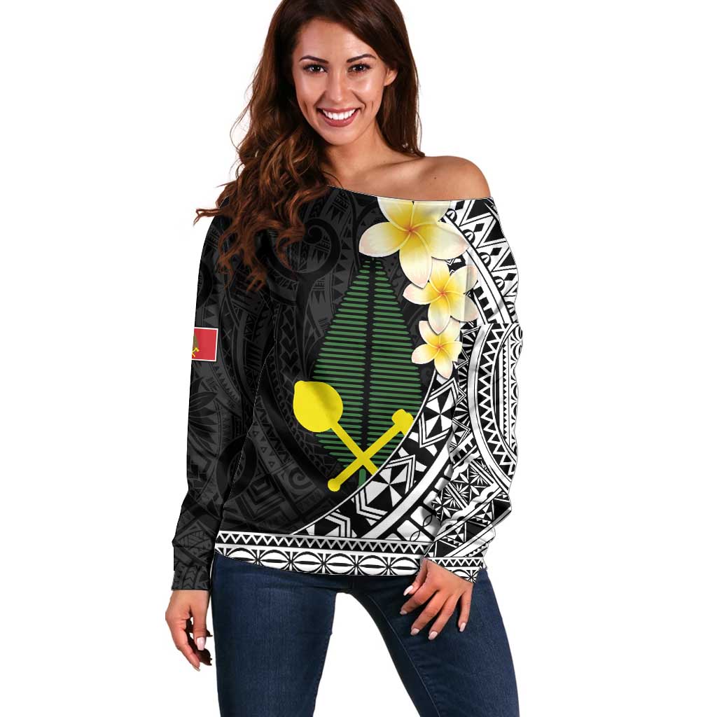 Alo Chiefdom Wallis and Futuna Personalized Off Shoulder Sweater Frangipani Flowers Polynesian Pattern LT9 Women Black - Polynesian Pride