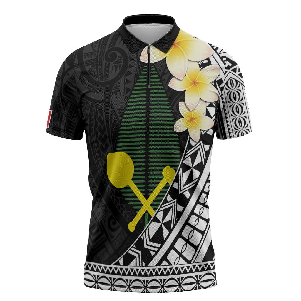 Alo Chiefdom Wallis and Futuna Personalized Zipper Polo Shirt Frangipani Flowers Polynesian Pattern LT9 Black - Polynesian Pride