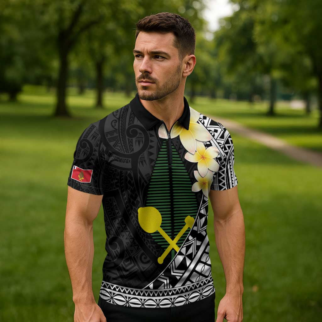 Alo Chiefdom Wallis and Futuna Personalized Zipper Polo Shirt Frangipani Flowers Polynesian Pattern LT9 - Polynesian Pride