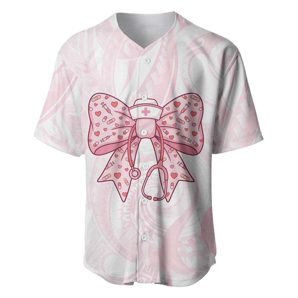 New Zealand Nurses RN Personalised Baseball Jersey Pink Stethoscope Coquette Bow Maori Motif LT9 Pink - Polynesian Pride