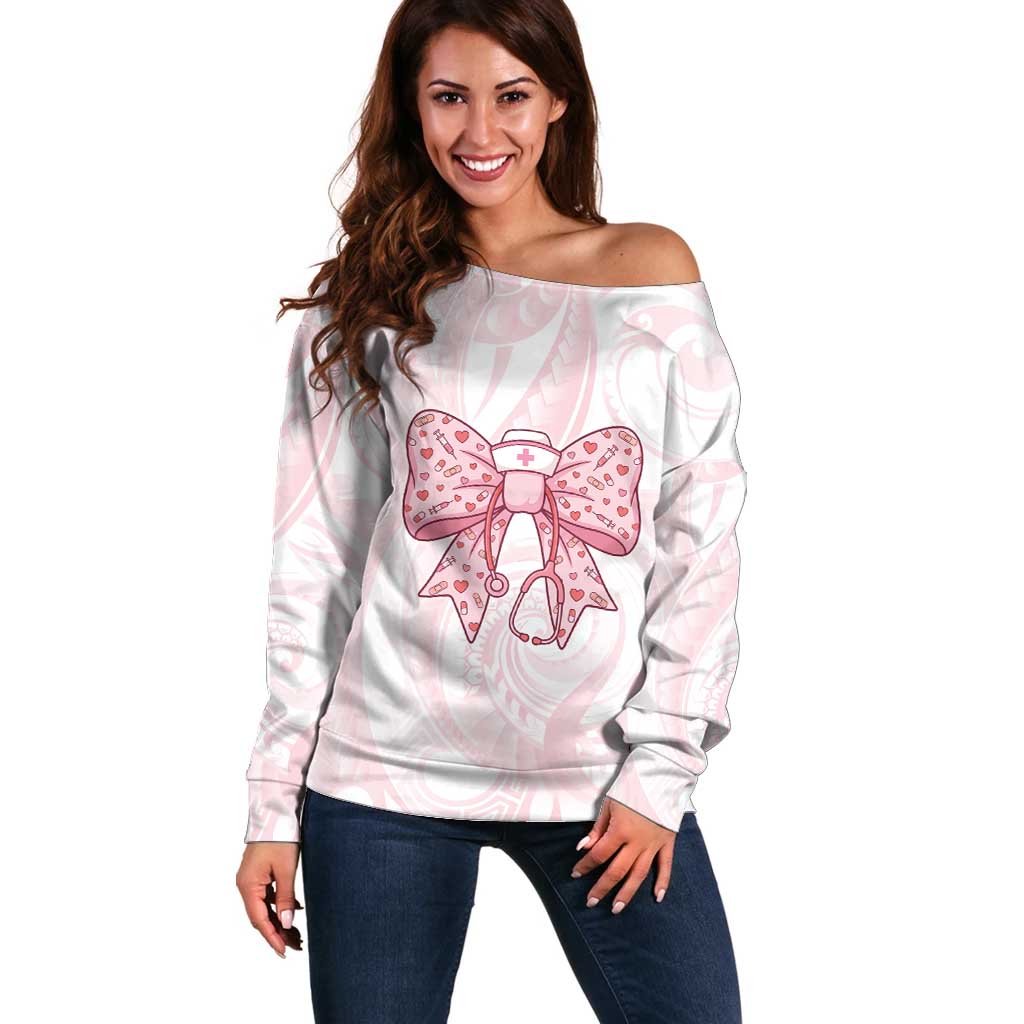 New Zealand Nurses RN Personalised Off Shoulder Sweater Pink Stethoscope Coquette Bow Maori Motif LT9 Women Pink - Polynesian Pride