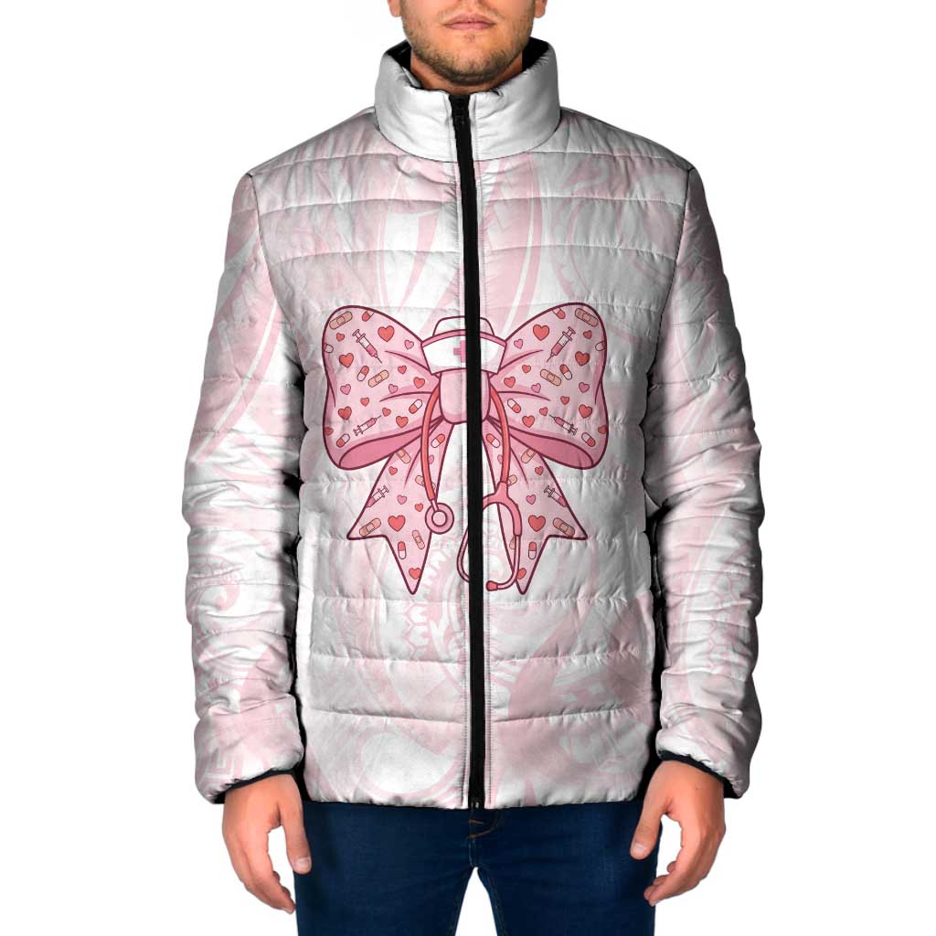 New Zealand Nurses RN Personalised Padded Jacket Pink Stethoscope Coquette Bow Maori Motif LT9 Men Pink - Polynesian Pride