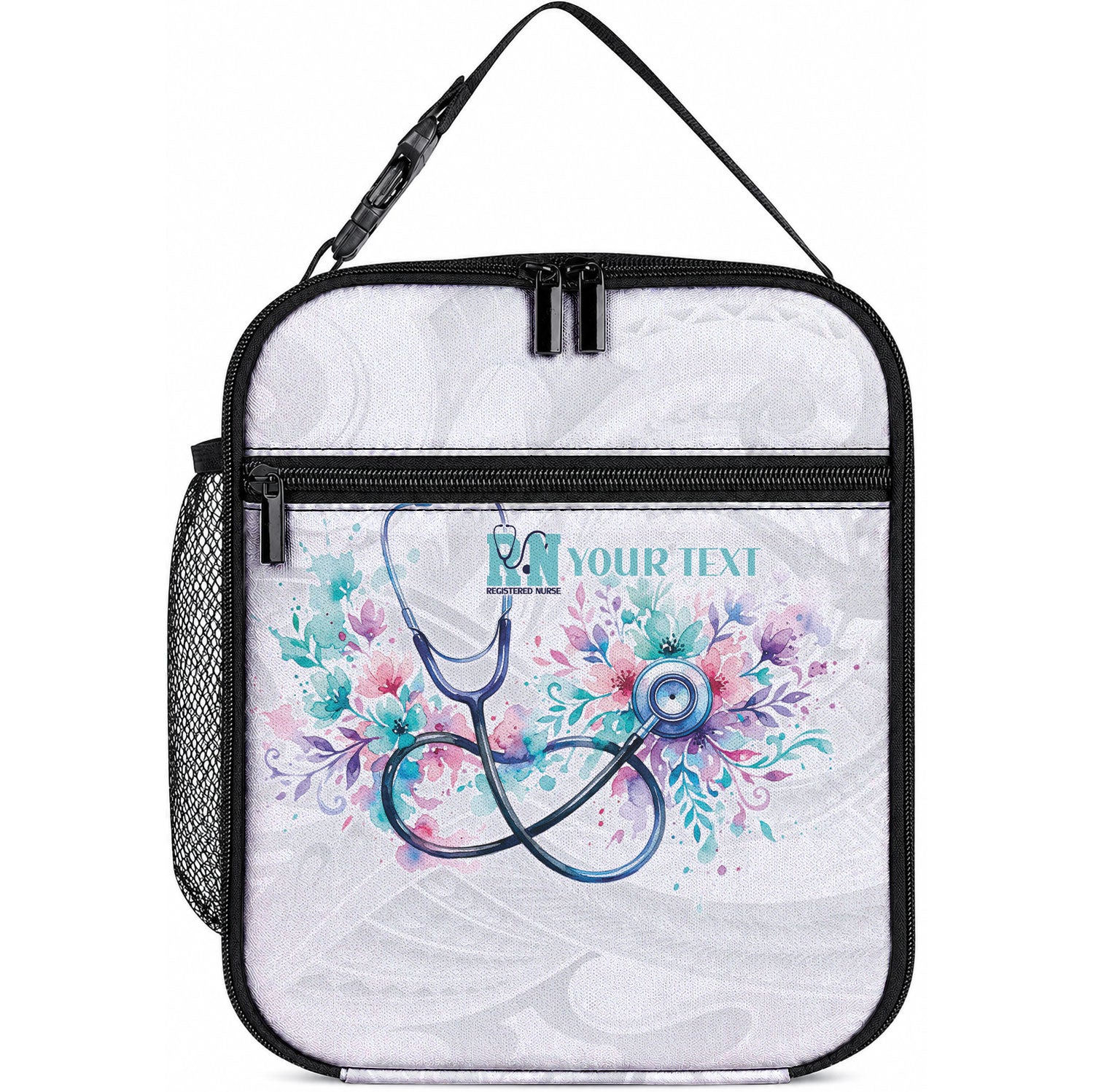 New Zealand Nurses RN Personalised Lunch Bag Stethoscope Floral Maori Motif LT9 10.2 × 8.3 × 4.3 inch Blue - Polynesian Pride