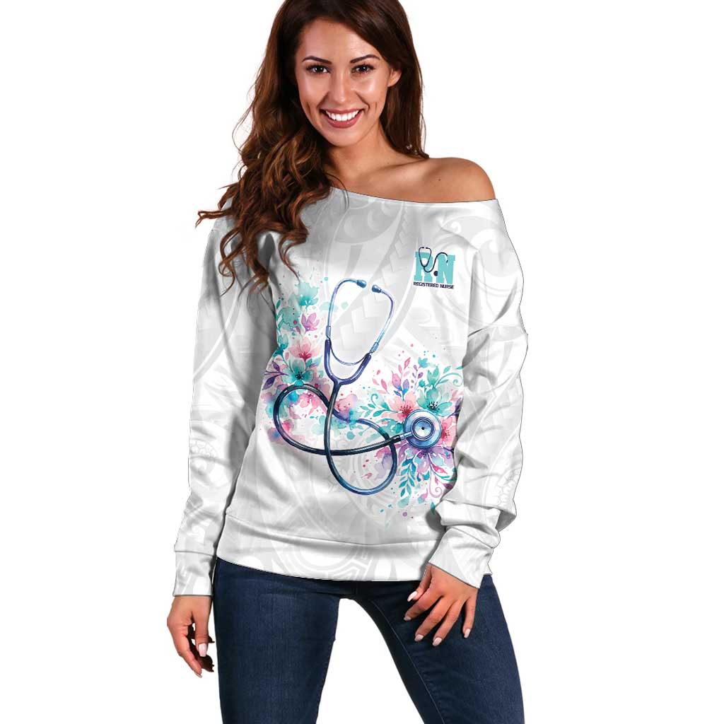 New Zealand Nurses RN Personalised Off Shoulder Sweater Stethoscope Floral Maori Motif LT9 Women White - Polynesian Pride