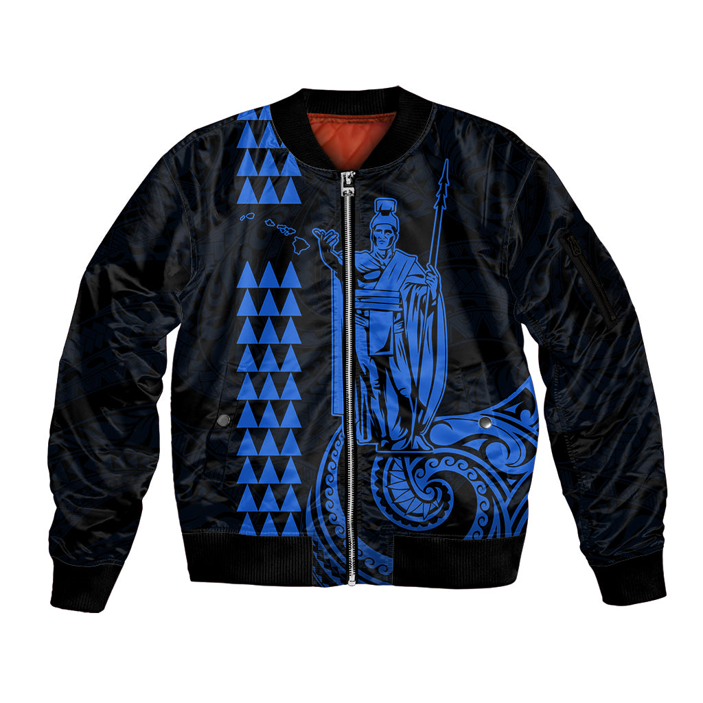 Custom Hawaii Sleeve Zip Bomber Jacket King Kamehameha - Blue LT9 Unisex Blue - Polynesian Pride