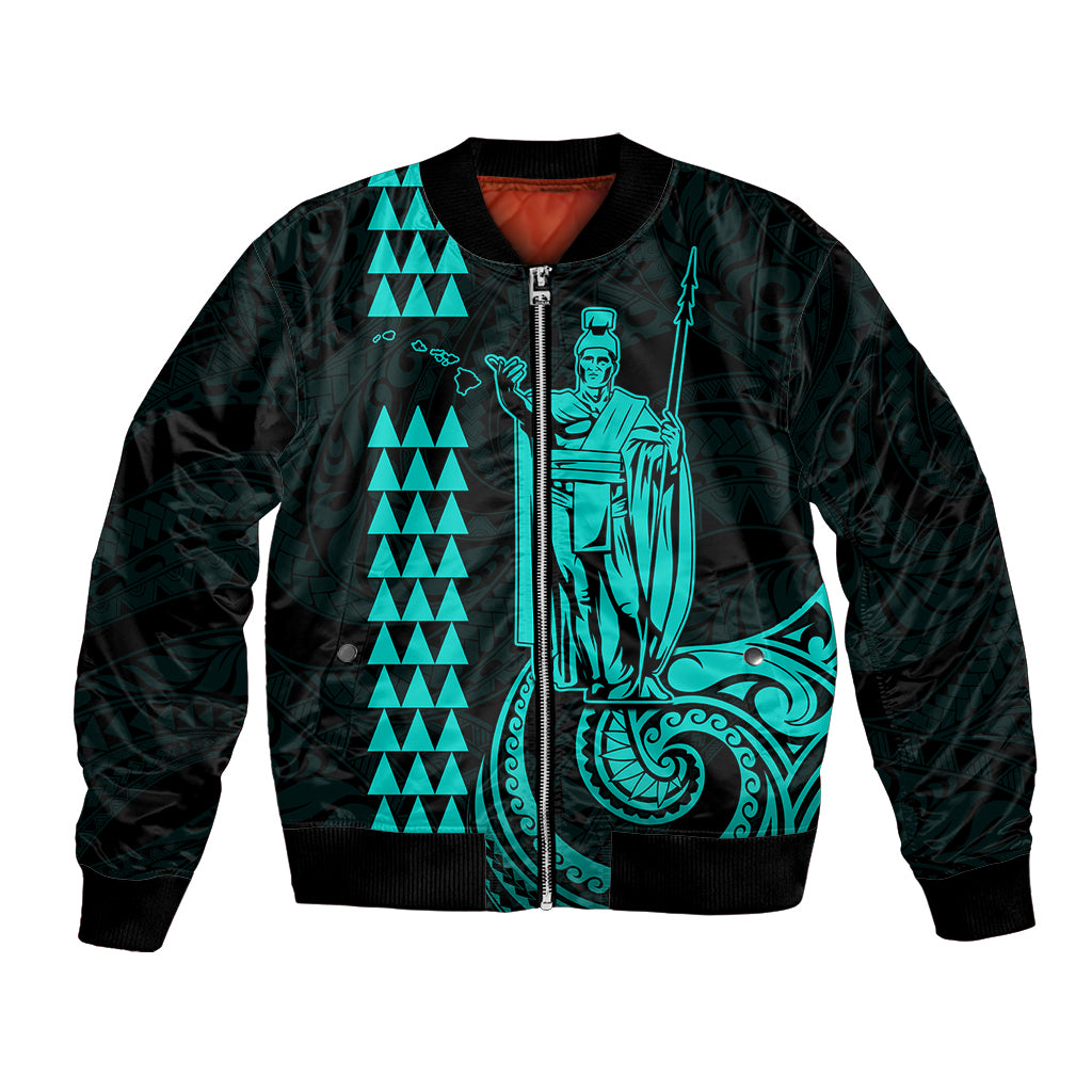 Custom Hawaii Bomber Jacket King Kamehameha - Turquoise LT9 Unisex Turquoise - Polynesian Pride