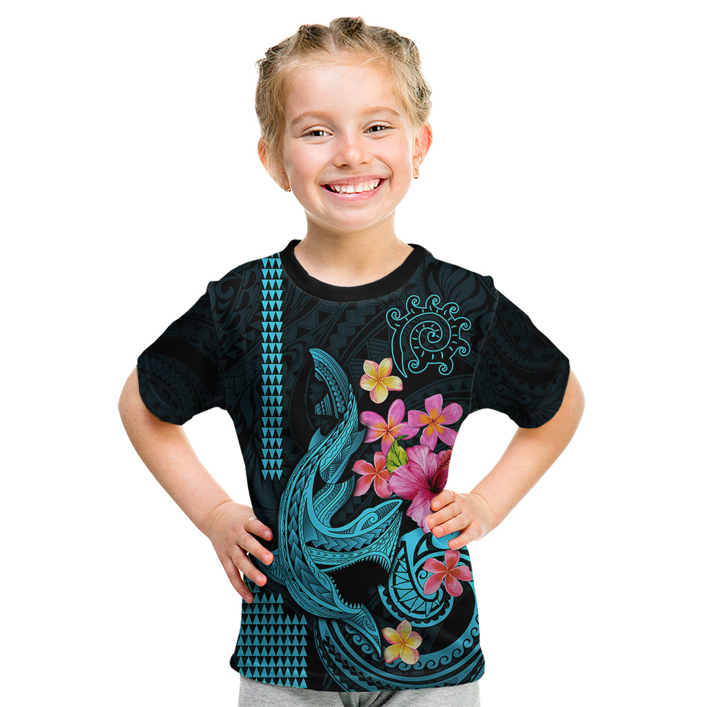 Custom Polynesian Kid T Shirt Hawaiian Warriors with Tribal Shark Tattoos - Blue LT9 Blue - Polynesian Pride