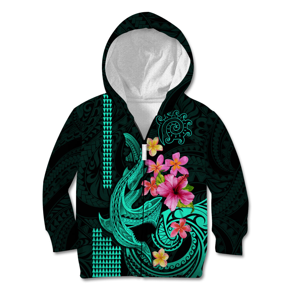 Custom Polynesian Kid Hoodie Hawaiian Warriors with Tribal Shark Tattoos - Turquoise LT9 - Polynesian Pride