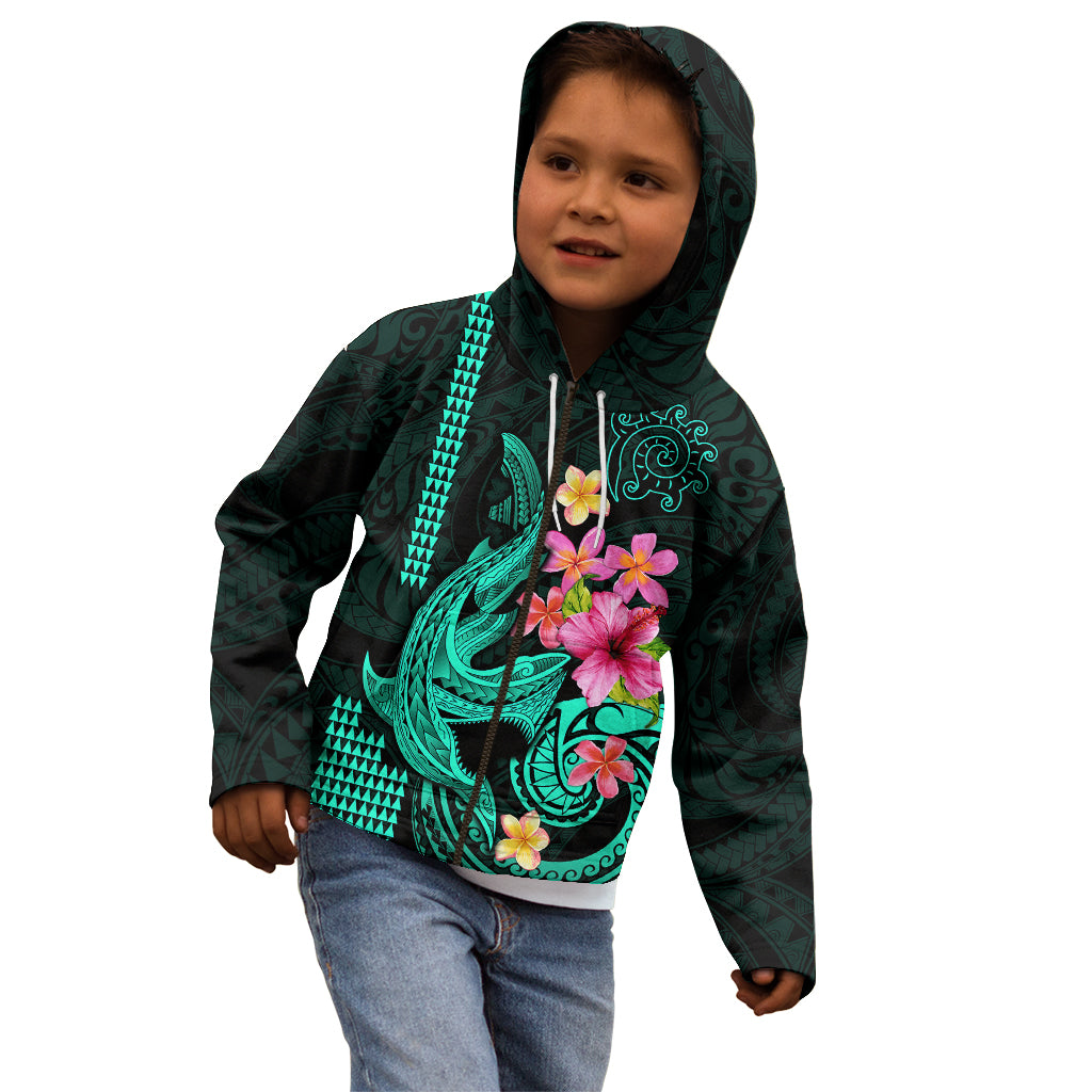 Custom Polynesian Kid Hoodie Hawaiian Warriors with Tribal Shark Tattoos - Turquoise LT9 - Polynesian Pride