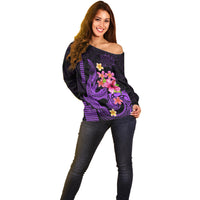 Custom Polynesian Off Shoulder Sweater Hawaiian Warriors with Tribal Shark Tattoos - Purple LT9 - Polynesian Pride