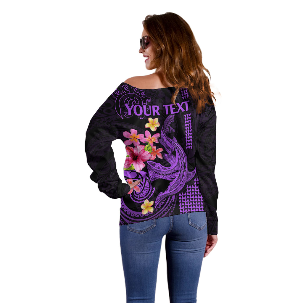 Custom Polynesian Off Shoulder Sweater Hawaiian Warriors with Tribal Shark Tattoos - Purple LT9 - Polynesian Pride
