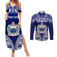 Personalised Samoa Coat Of Arms Couples Matching Summer Maxi Dress and Long Sleeve Button Shirt With Polynesian Pattern Version LT9 Blue - Polynesian Pride