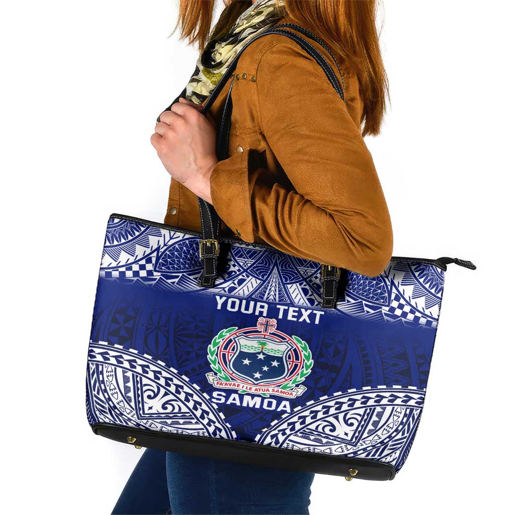 Personalised Samoa Coat Of Arms Leather Tote Bag With Polynesian Pattern Version LT9 Blue - Polynesian Pride