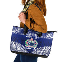 Personalised Samoa Coat Of Arms Leather Tote Bag With Polynesian Pattern Version LT9 Blue - Polynesian Pride