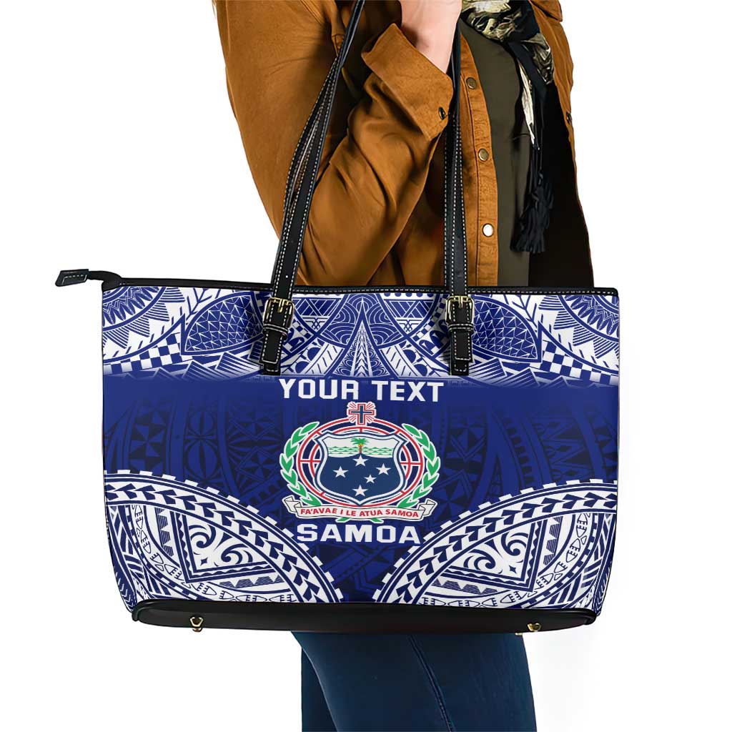 Personalised Samoa Coat Of Arms Leather Tote Bag With Polynesian Pattern Version LT9 - Polynesian Pride