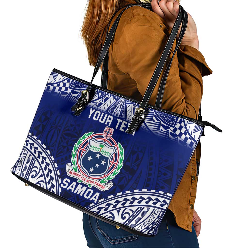 Personalised Samoa Coat Of Arms Leather Tote Bag With Polynesian Pattern Version LT9 - Polynesian Pride