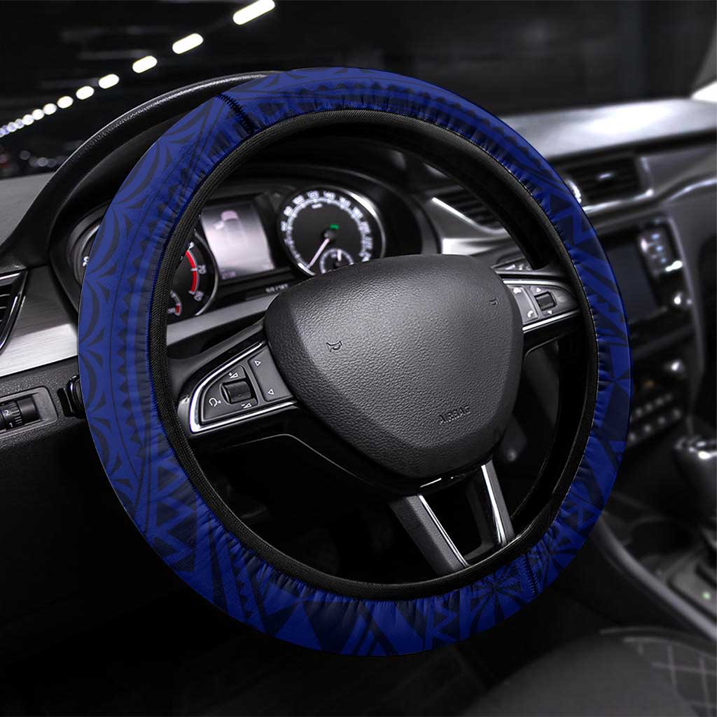 Samoa Coat Of Arms Steering Wheel Cover With Polynesian Pattern Version LT9 Universal Fit Blue - Polynesian Pride