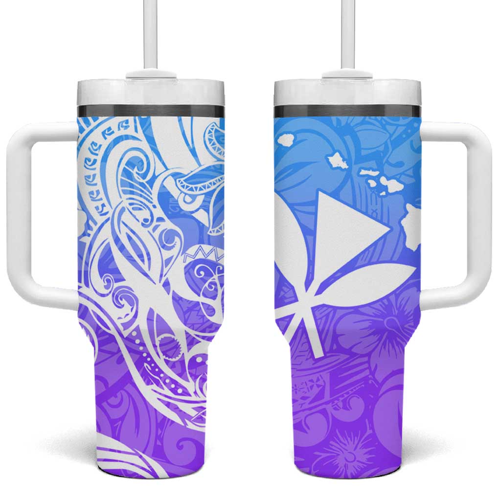 Polynesian Tribal Plumeria Tumbler With Handle with Hawaii Kanaka Maoli Blue Gradient Version LT9 One Size: 40 oz Blue - Polynesian Pride