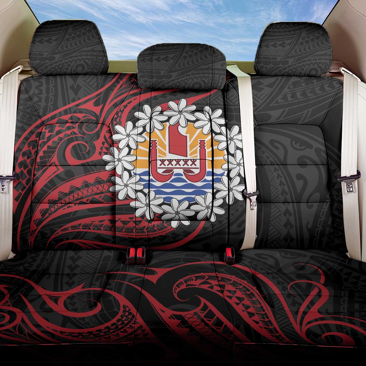 Tahitian Coat Of Arm and Tiare Flower Back Car Seat Cover Polynesian Tribal Tattoo