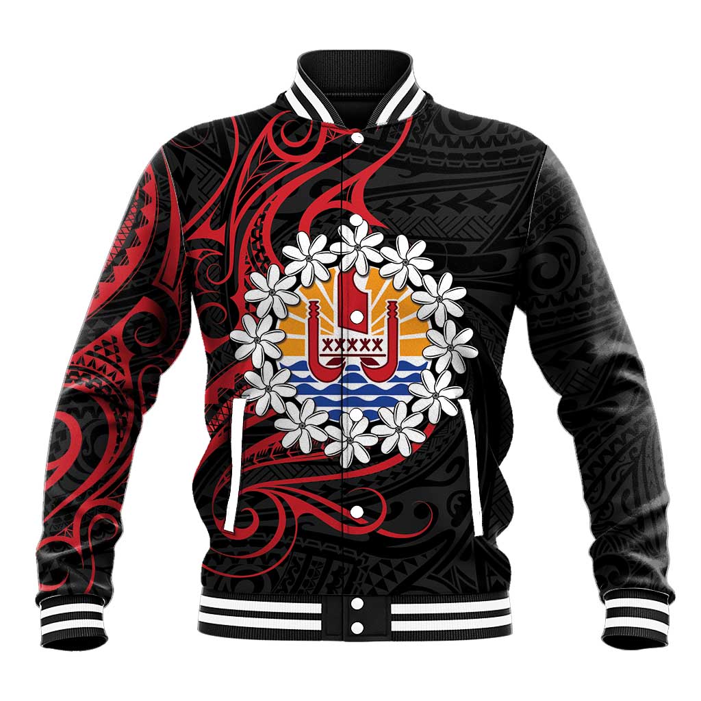 Tahitian Coat Of Arm and Tiare Flower Baseball Jacket Polynesian Tribal Tattoo