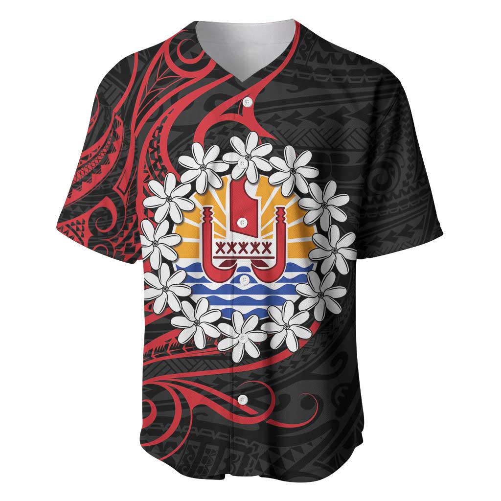 Tahitian Coat Of Arm and Tiare Flower Baseball Jersey Polynesian Tribal Tattoo LT9 Black - Polynesian Pride