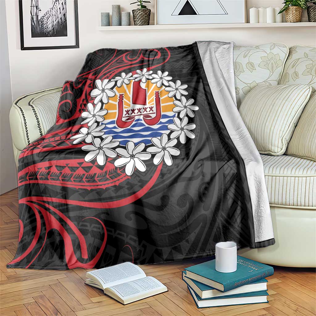 Tahitian Coat Of Arm and Tiare Flower Blanket Polynesian Tribal Tattoo LT9 Black - Polynesian Pride