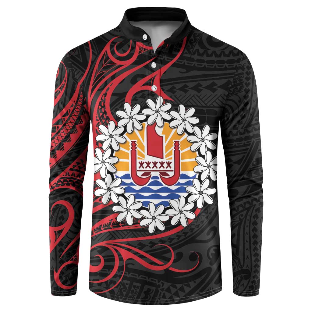 Tahitian Coat Of Arm and Tiare Flower Button Sweatshirt Polynesian Tribal Tattoo