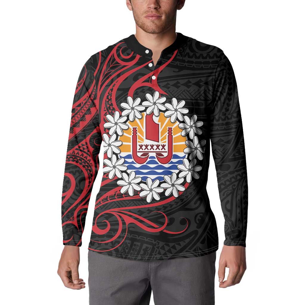 Tahitian Coat Of Arm and Tiare Flower Button Sweatshirt Polynesian Tribal Tattoo LT9 - Polynesian Pride